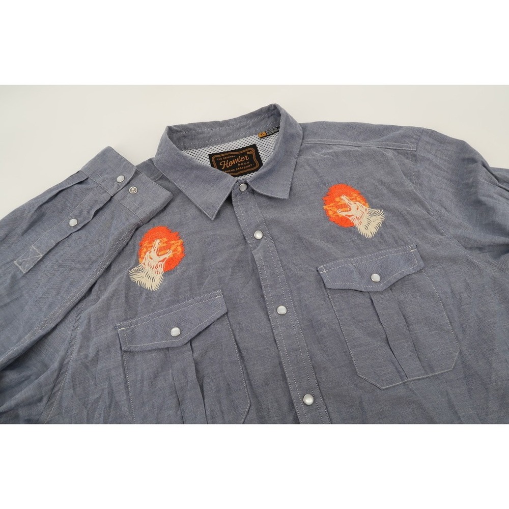 Howler Brothers Gaucho Snapshirt Mens XL Embroidered Wolf Western Pearl Snap
